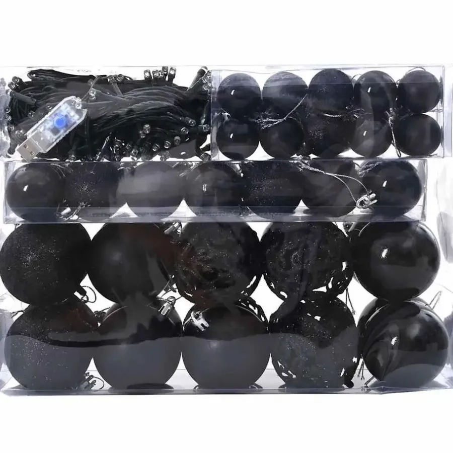 vidaXL Kerstballen set met 150 LED - 61x - Ø3/4/6 cm - Zwart - Kunststof - Mix