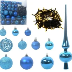 Kerstballen-vidaXL Kerstballen set met 300 LED - 120x - Ø3/4/6 cm - Blauw - Kunststof - Mix