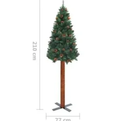 Kerstbomen-vidaXL Kerstboom met echt hout en dennenappels smal 210 cm PVC groen