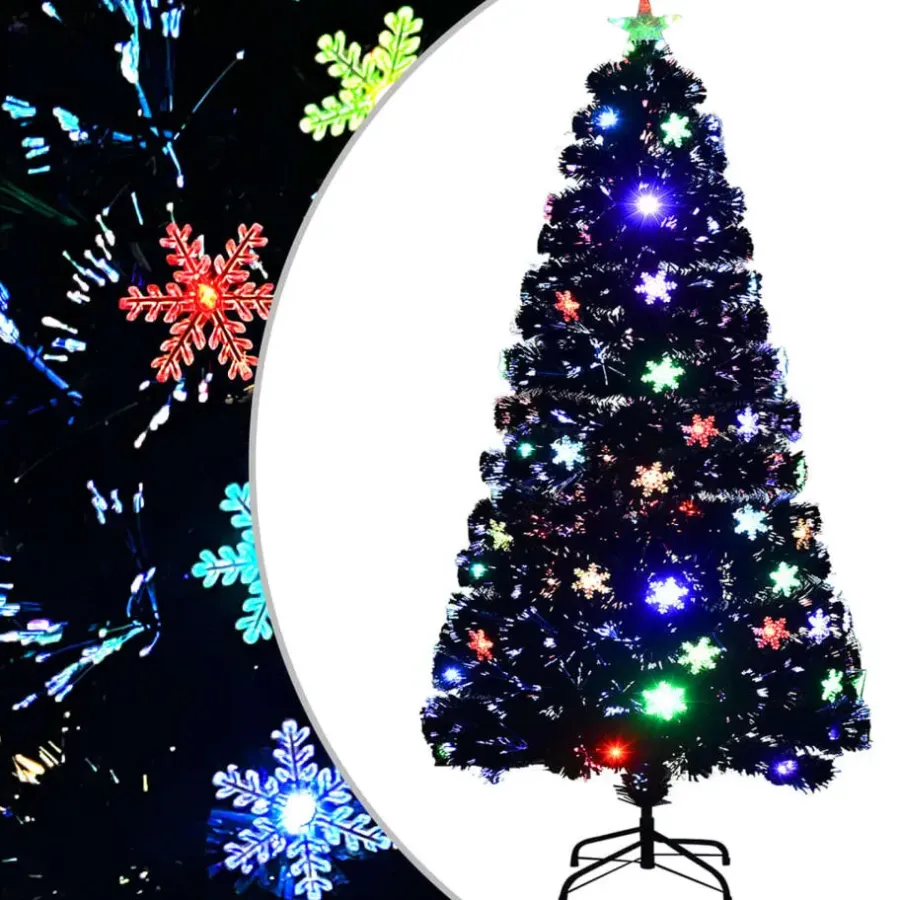 Kerstbomen-vidaXL Kerstboom met LED-sneeuwvlokken 120 cm glasvezel zwart