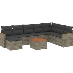 Loungesets-vidaXL Loungeset met 8 kussens en hout armsteun & salontafel - Grijs - 9 stuks