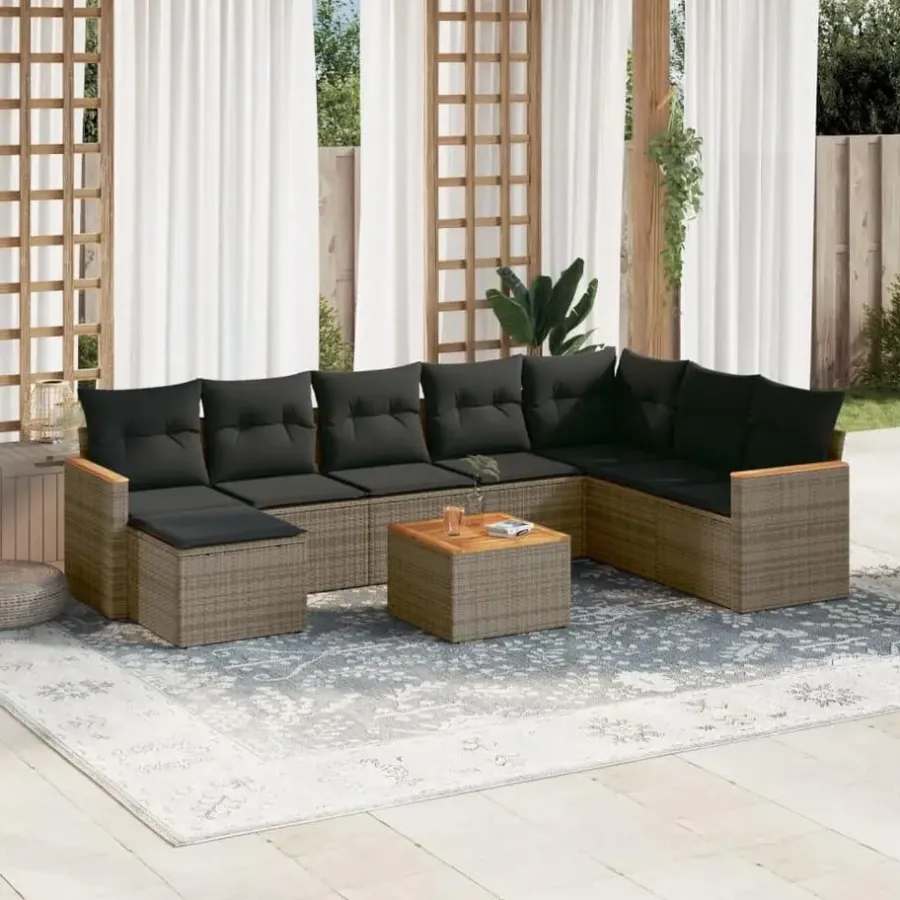 Loungesets-vidaXL Loungeset met 8 kussens en hout armsteun & salontafel - Grijs - 9 stuks
