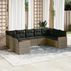 Loungebanken-vidaXL Loungeset met 11 kussens en hout armsteun - Grijs - 10 stuks
