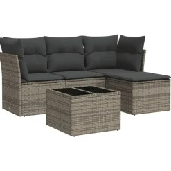 Loungesets-vidaXL Loungeset met kussens & tuintafel - Grijs - Poly Rattan - 5 stuks