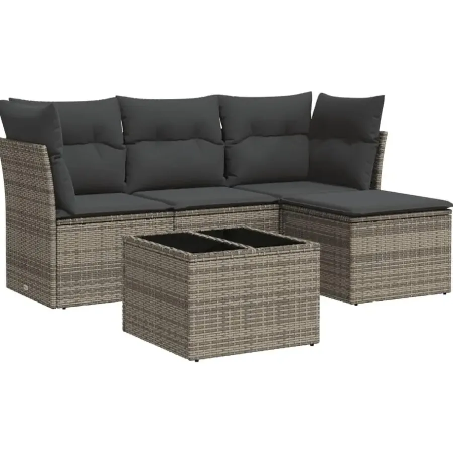 Loungesets-vidaXL Loungeset met kussens & tuintafel - Grijs - Poly Rattan - 5 stuks