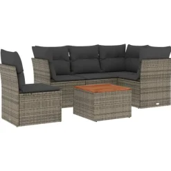 Loungesets-vidaXL Loungeset met kussens & hout salontafel - Grijs - Poly rattan - 6 stuks