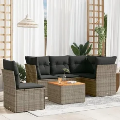 Loungesets-vidaXL Loungeset met kussens & hout salontafel - Grijs - Poly rattan - 6 stuks