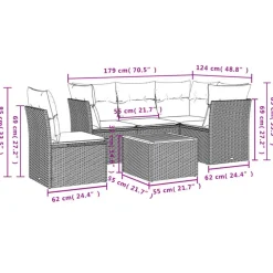 Loungesets-vidaXL Loungeset met kussens & hout salontafel - Grijs - Poly rattan - 6 stuks