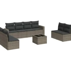 Loungesets-vidaXL Loungeset met kussens en tuintafel voor 8 personen - Grijs - Poly Rattan