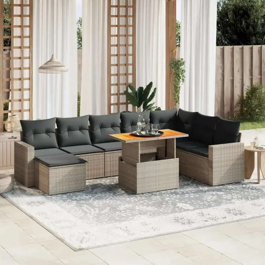 Loungesets-vidaXL Loungeset voor 8 met kussens en verstelbaar hout salontafel - 9 stuks
