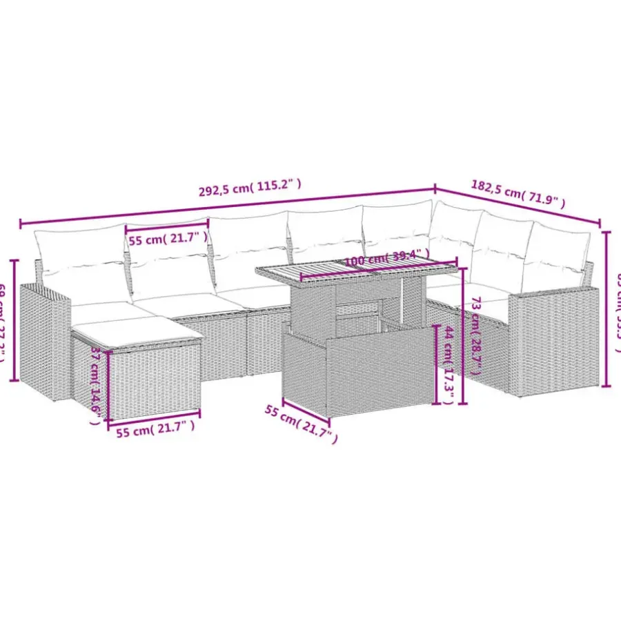 Loungesets-vidaXL Loungeset voor 8 met kussens en verstelbaar hout salontafel - 9 stuks