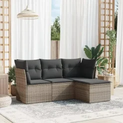 Loungebanken-vidaXL Tuin-loungeset met kussens - set van 4 - Grijs - Poly Rattan