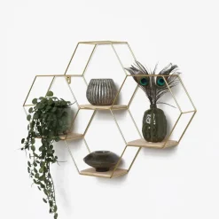 IVOL Vierdubbel zeshoekig metalen wandrek met 4 houten plankjes - 40,5x58 cm - Goud