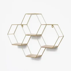 IVOL Vierdubbel zeshoekig metalen wandrek met 4 houten plankjes - 40,5x58 cm - Goud