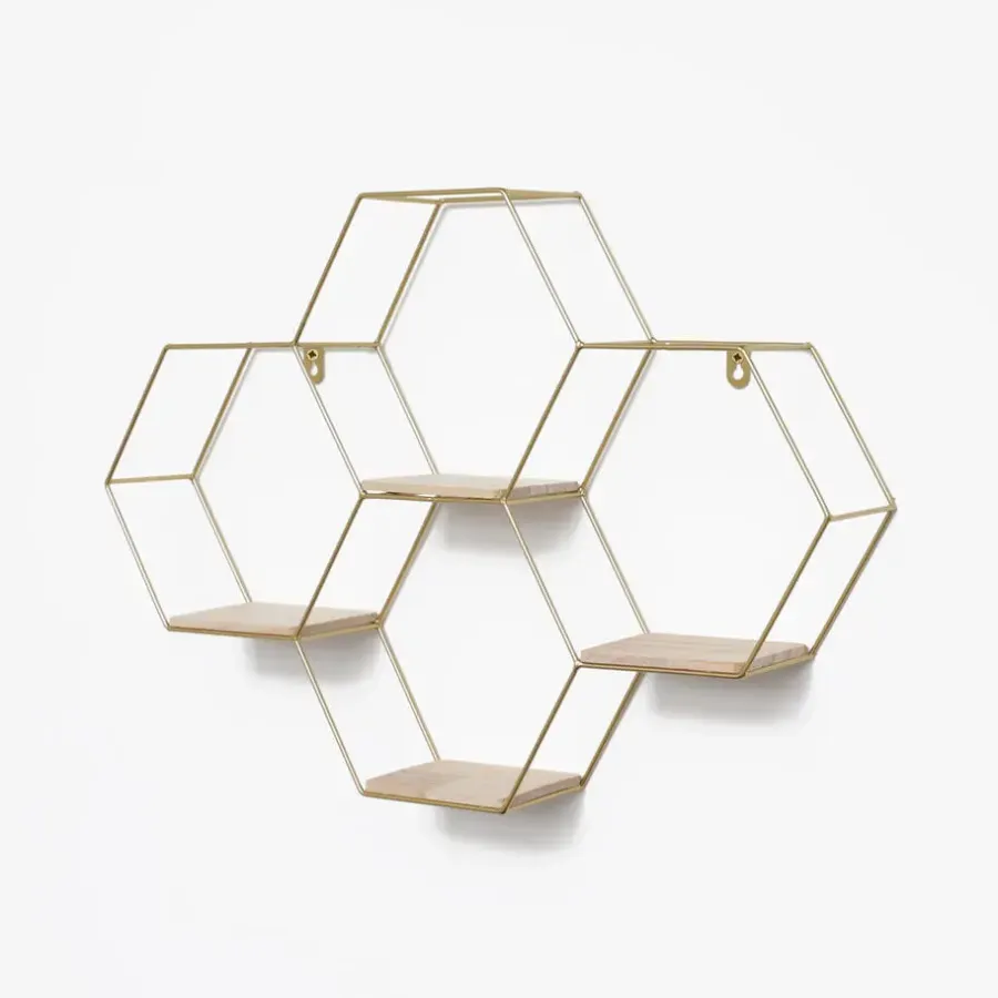 IVOL Vierdubbel zeshoekig metalen wandrek met 4 houten plankjes - 40,5x58 cm - Goud