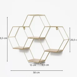 IVOL Vierdubbel zeshoekig metalen wandrek met 4 houten plankjes - 40,5x58 cm - Goud