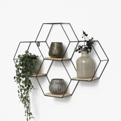 Wandrekken-IVOL Vierdubbel zeshoekig metalen wandrek met 4 houten plankjes - 40,5x58 cm - Zwart