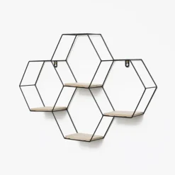Wandrekken-IVOL Vierdubbel zeshoekig metalen wandrek met 4 houten plankjes - 40,5x58 cm - Zwart