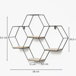 Wandrekken-IVOL Vierdubbel zeshoekig metalen wandrek met 4 houten plankjes - 40,5x58 cm - Zwart