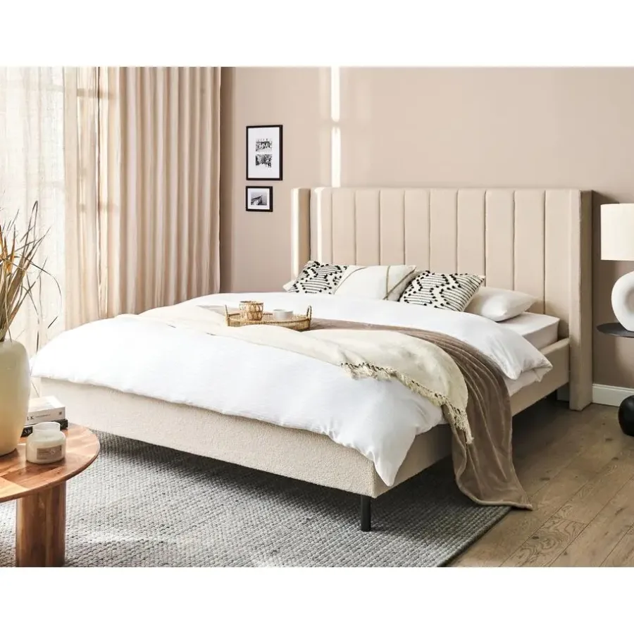 2-Persoons Bedden-Beliani VILETTE - Tweepersoonsbed - Beige - 160 x 200 cm - Bouclé