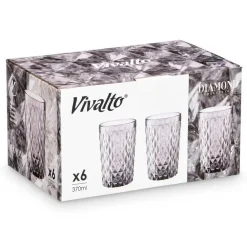Waterglazen-Vivalto Drinkglazen Diamonds - grijs glas - 6x - 370 ml