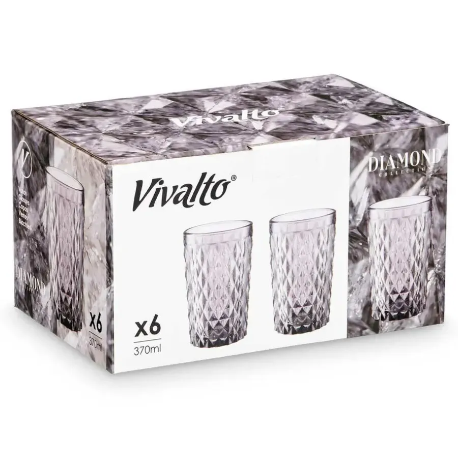 Waterglazen-Vivalto Drinkglazen Diamonds - grijs glas - 6x - 370 ml