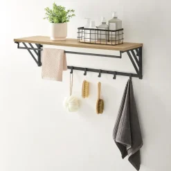 Merkloos Wandkapstok - industriële look - 7 haken - 90x26x30 cm - lichte eik