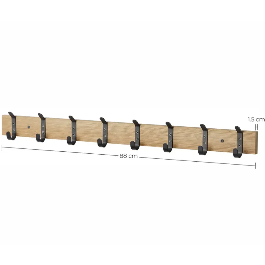 ACAZA Wandkapstok - Kapstok met 8 Zwarte Haken - 88 cm - Lichte Eik