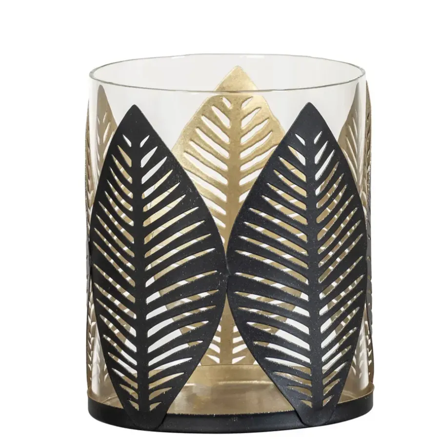 Leen Bakker Waxinelichthouder Blad - zwart/goud - 12xØ10 cm