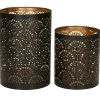 Merkloos Windlicht - motief - 2x - zwart/goud - 10/15 cm - theelichthouder