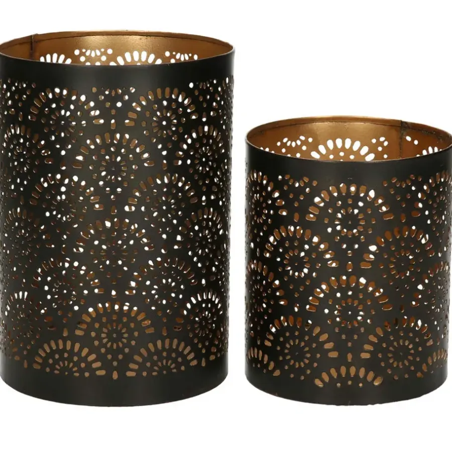 Merkloos Windlicht - motief - 2x - zwart/goud - 10/15 cm - theelichthouder