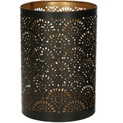 Merkloos Windlicht - motief - 2x - zwart/goud - 10/15 cm - theelichthouder