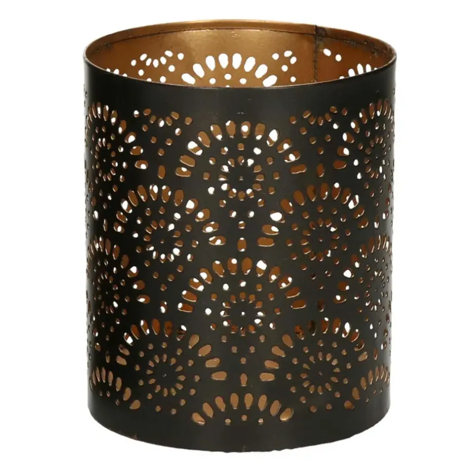 Merkloos Windlicht - motief - 2x - zwart/goud - 10/15 cm - theelichthouder