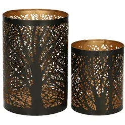 Merkloos Windlicht set - 2x - zwart/goud - 10/15 cm - waxinelichthouder