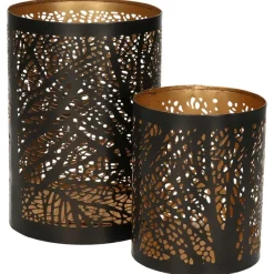 Merkloos Windlicht set - 2x - zwart/goud - 10/15 cm - waxinelichthouder