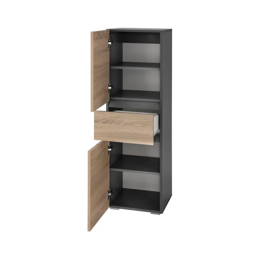 Hoge Kasten-Loft24 Wisla - Midikast met 2 deuren en 1 lade in antraciet/eiken