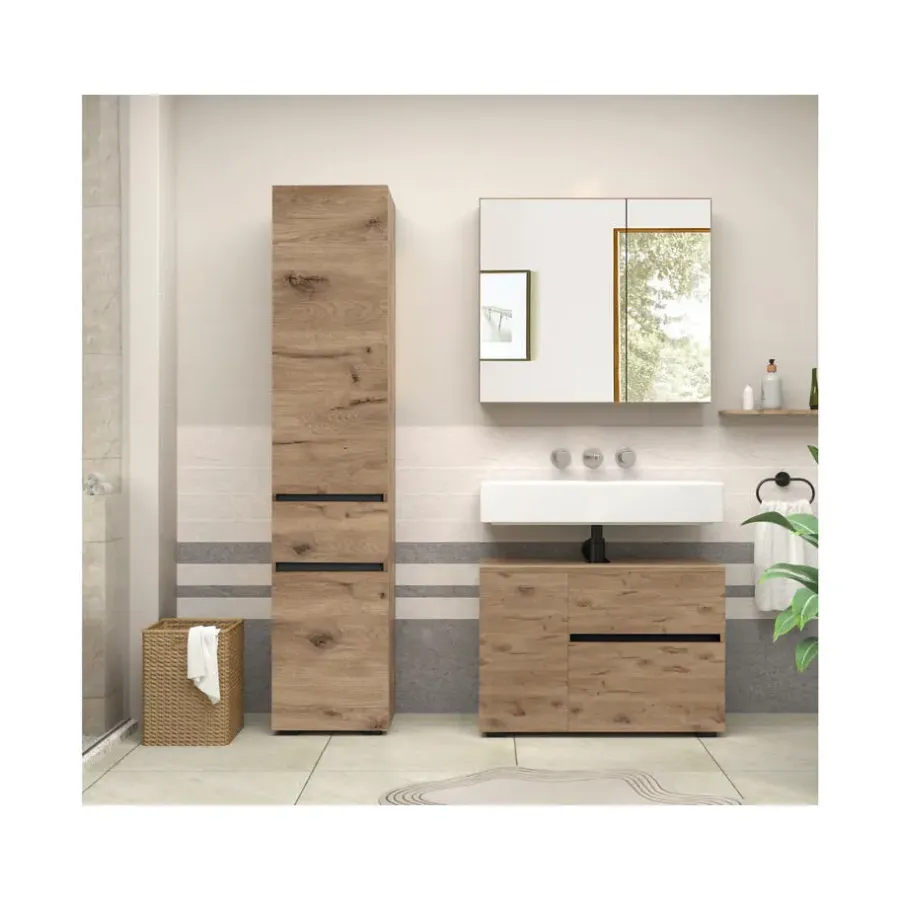 Wastafelkasten-Loft24 Wisla - Wastafelonderkast met 1 deur / 1 klep / 1 lade in eikenoptik