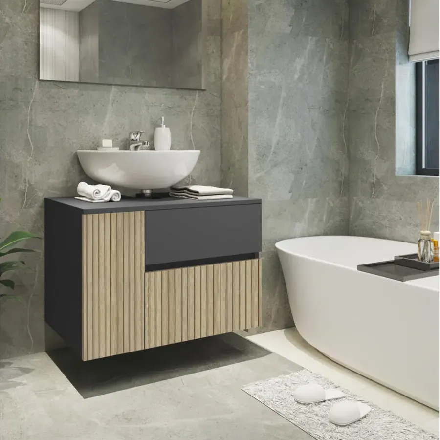 Dorel Home Wisla - Wastafelonderkast 80 cm met 1 deur 1 lade 1 klep in antraciet eikenoptik