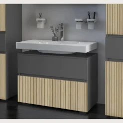 Wastafelkasten-Dorel Home Wisla - Wastafelonderkast 80 cm met 1 klep 1 lade in antraciet eikenoptik
