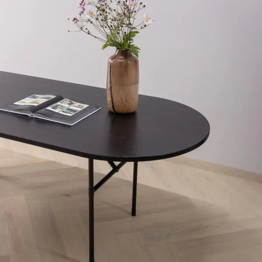 WOOOD Arthur Eettafel Ovaal Met H-Poot - Eikenhout - Zwart - 75x220x90