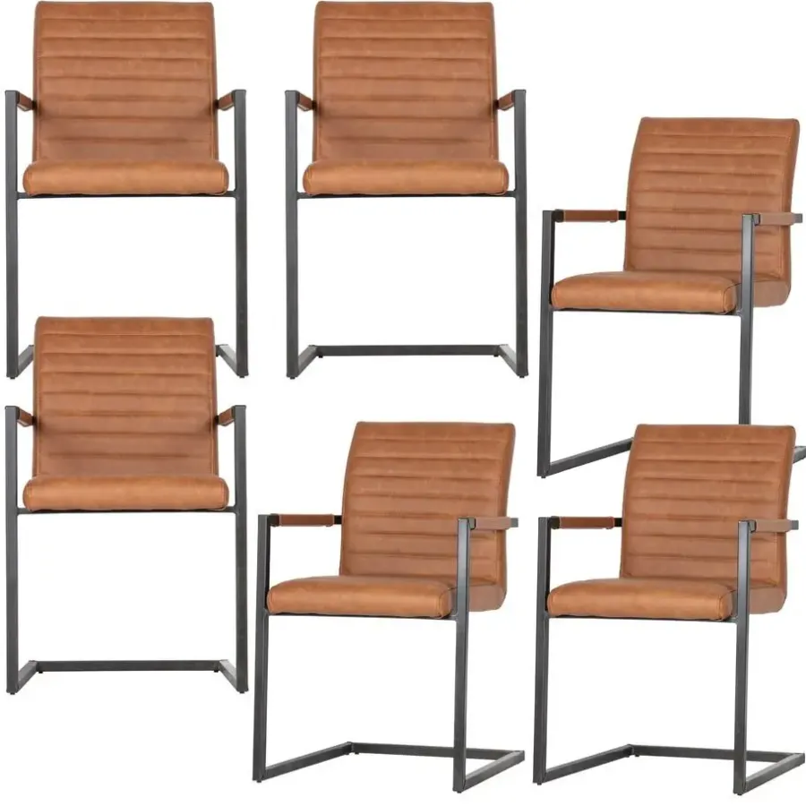 Eetkamerstoelen-WOOOD Bas Eetkamerstoelen - Pu - Cognac - Set van 6