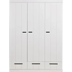 Kledingkasten|Kledingkasten-WOOOD Connect Kledingkast 3-Deurs met Lade - Grenen - Wit - 195x140x53