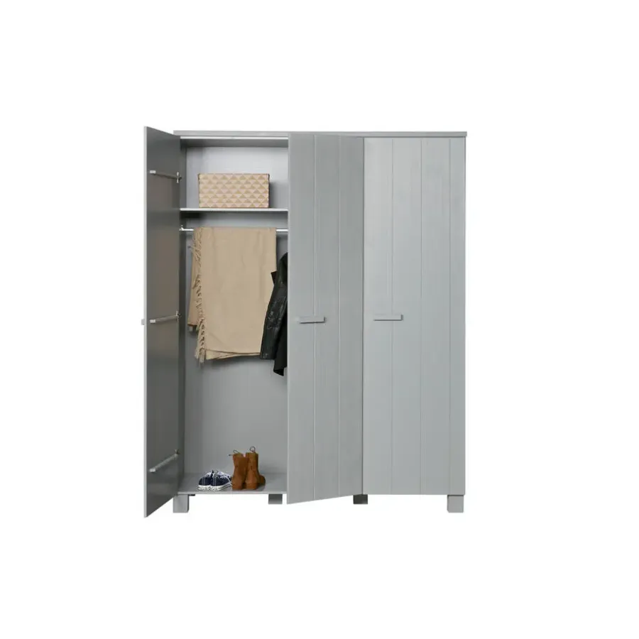 Kledingkasten|Kledingkasten-WOOOD Dennis 3 deurs Kast - Grenen - Betongrijs - 202x158x55
