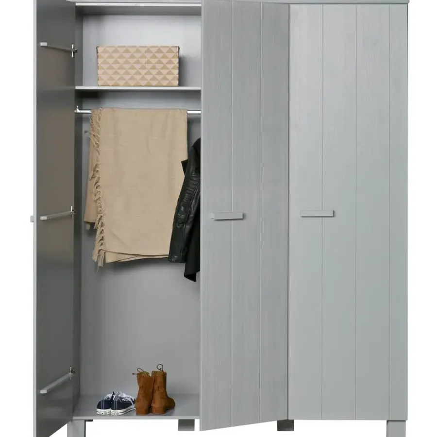 Kledingkasten|Kledingkasten-WOOOD Dennis 3 deurs Kast - Grenen - Betongrijs - 202x158x55