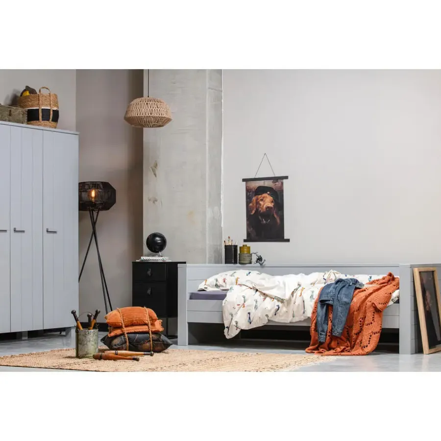 Kledingkasten|Kledingkasten-WOOOD Dennis 3 deurs Kast - Grenen - Betongrijs - 202x158x55