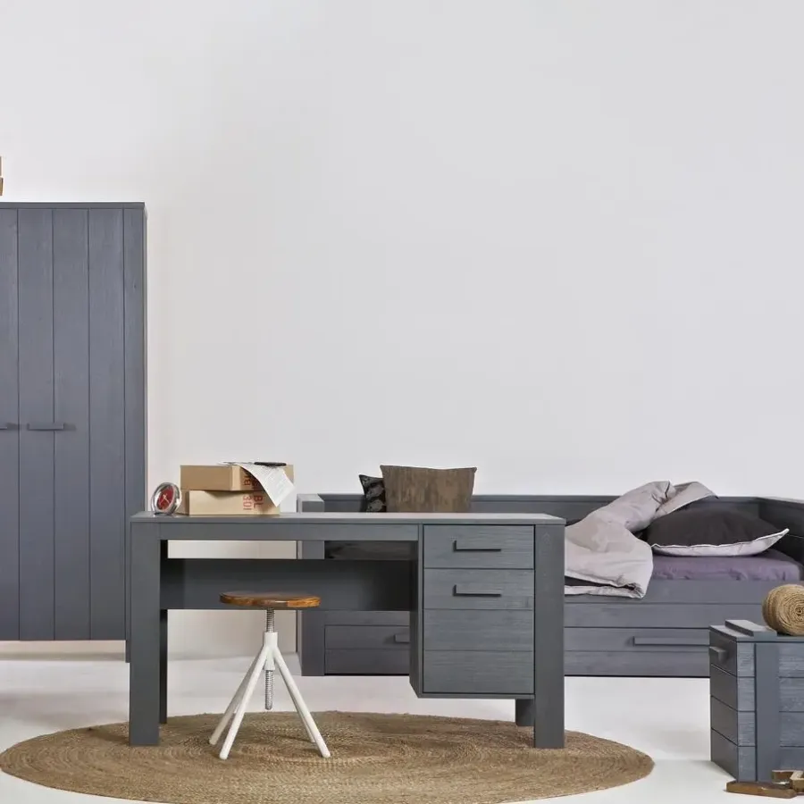 Bureaus-WOOOD Dennis Bureau - Grenen Geborsteld - Staal Grijs - 74x141x59