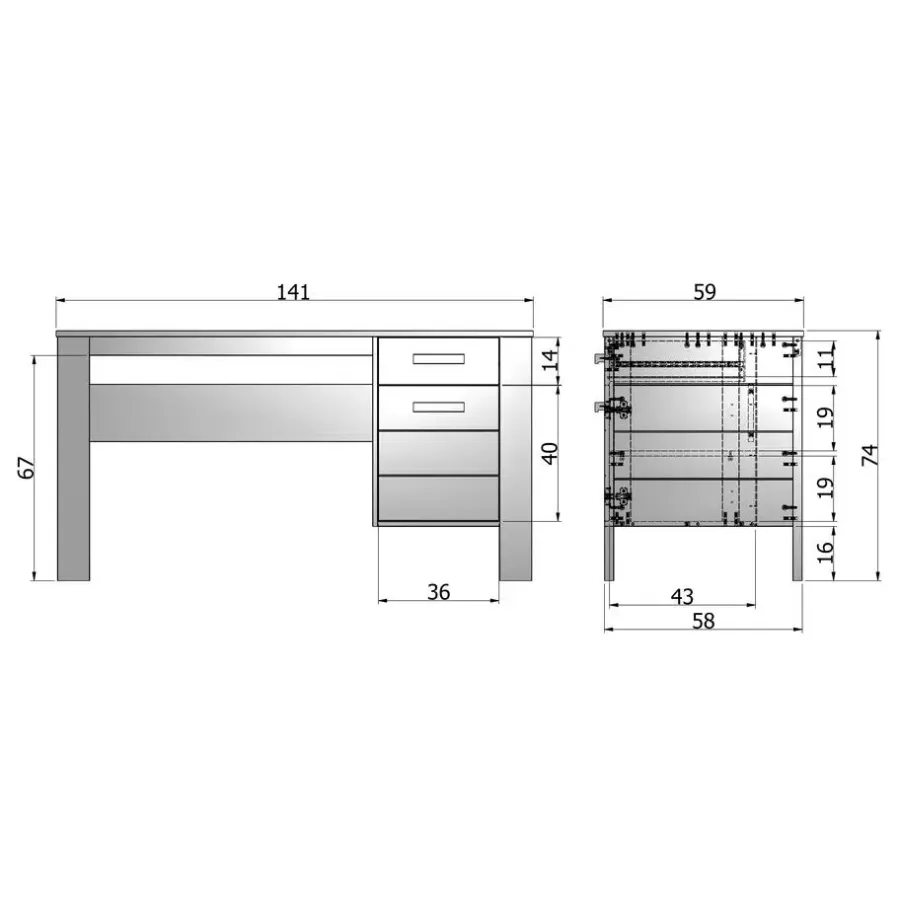 Bureaus-WOOOD Dennis Bureau - Grenen Geborsteld - Staal Grijs - 74x141x59
