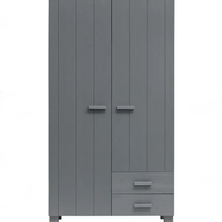 Kledingkasten|Kledingkasten-WOOOD Dennis Kast Met Laden - Grenen - Staal Grijs - 202x111x55