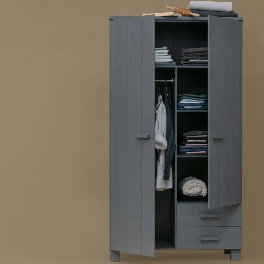 Kledingkasten|Kledingkasten-WOOOD Dennis Kast Met Laden - Grenen - Staal Grijs - 202x111x55