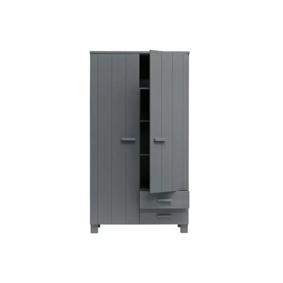 Kledingkasten|Kledingkasten-WOOOD Dennis Kast Met Laden - Grenen - Staal Grijs - 202x111x55